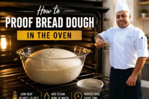 A professional chef stands beside an open oven with a large bowl of risen bread dough inside. Bold text reads “How to Proof Bread Dough in the Oven.” The warm kitchen scene includes icons and tips showing low heat (95–100°F / 35–38°C), adding steam with a bowl of water, and achieving a perfect rise every time. The image serves as a tutorial-style feature graphic for home bread baking.