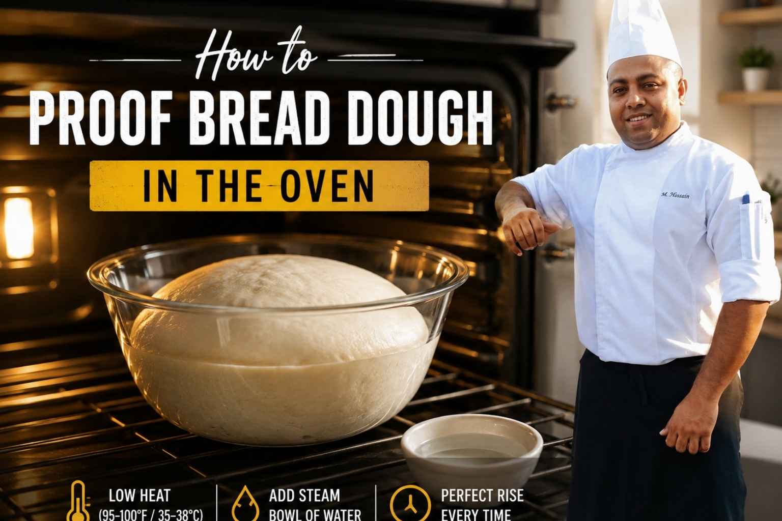 A professional chef stands beside an open oven with a large bowl of risen bread dough inside. Bold text reads “How to Proof Bread Dough in the Oven.” The warm kitchen scene includes icons and tips showing low heat (95–100°F / 35–38°C), adding steam with a bowl of water, and achieving a perfect rise every time. The image serves as a tutorial-style feature graphic for home bread baking.
