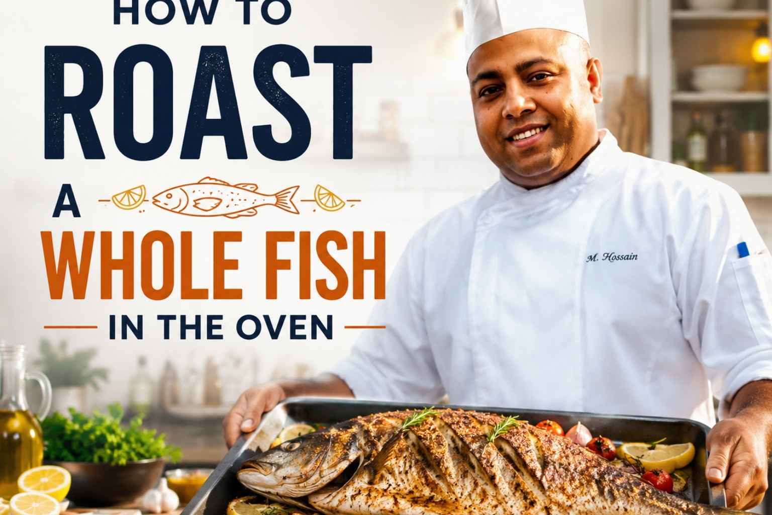 A smiling chef in a white uniform and tall chef hat holds a tray with a perfectly roasted whole fish garnished with lemon slices, herbs, and vegetables. Large bold text reads “How to Roast a Whole Fish in the Oven.” The image features a bright, modern kitchen background with cooking ingredients, creating an inviting and professional cooking tutorial thumbnail.