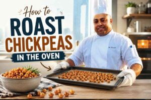 Professional chef in a white uniform holding a tray of roasted chickpeas in a modern kitchen, with the text "How to Roast Chickpeas in the Oven" displayed prominently alongside a bowl of crispy roasted chickpeas.