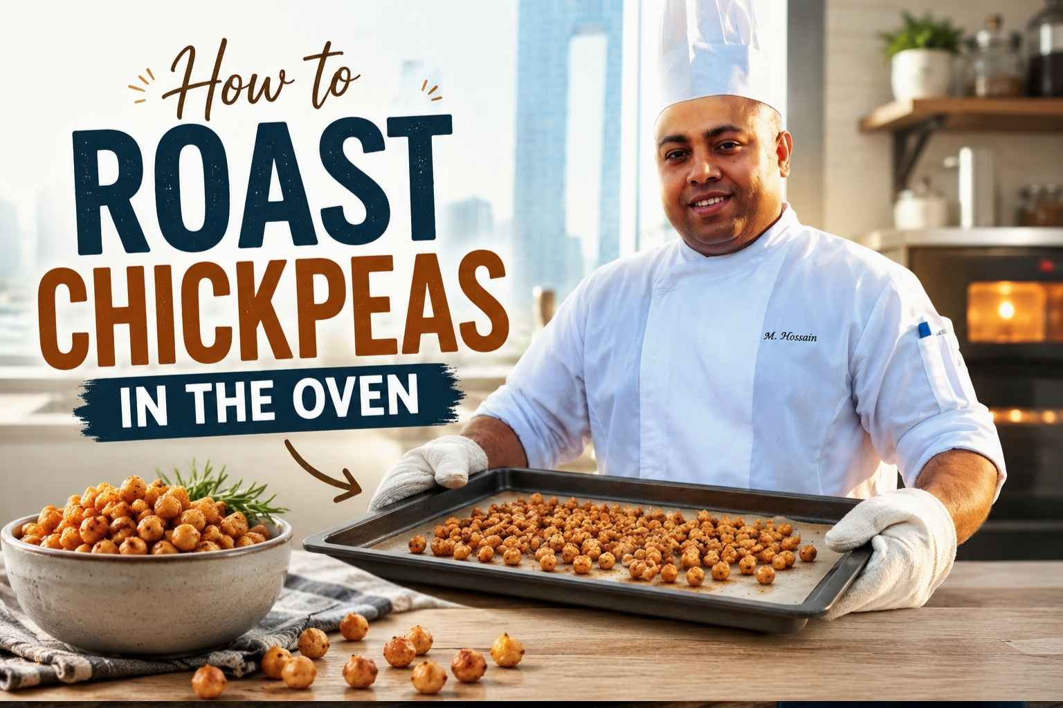 Professional chef in a white uniform holding a tray of roasted chickpeas in a modern kitchen, with the text "How to Roast Chickpeas in the Oven" displayed prominently alongside a bowl of crispy roasted chickpeas.