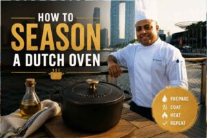 “Feature image for a Dutch oven seasoning guide. A chef in a white uniform stands on a waterfront boardwalk with a modern city skyline in the background. In the foreground, a black cast-iron Dutch oven sits beside a bottle of cooking oil and a kitchen towel. Large headline text reads ‘How to Season a Dutch Oven,’ with a highlighted checklist showing the steps: Prepare, Coat, Heat, and Repeat. The design uses warm gold and black tones to create a professional cooking tutorial look.”