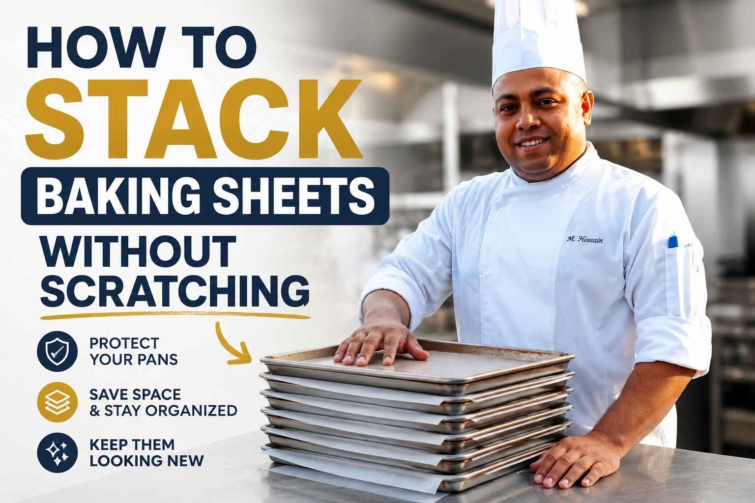 A smiling chef in a white uniform and tall chef’s hat stands beside a stack of baking sheets separated with protective liners in a professional kitchen. Large bold text reads “How to Stack Baking Sheets Without Scratching.” Icons highlight benefits such as protecting pans, saving space, staying organized, and keeping baking sheets looking new. The design uses navy blue, gold, and white colors in a clean, instructional YouTube-style thumbnail.