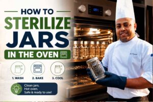 Chef in a white uniform demonstrating how to sterilize jars in the oven, holding a glass jar in front of an open oven with clean jars inside. The feature image includes bold text “How to Sterilize Jars in the Oven” with simple steps: wash, bake, and cool.