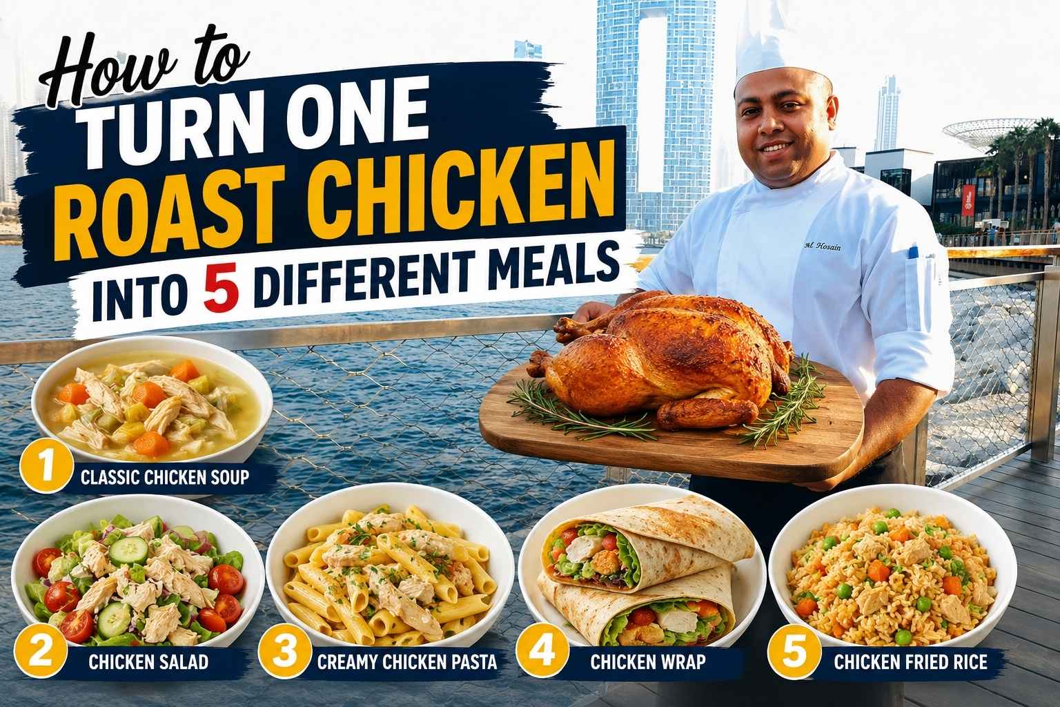 A professional chef in a white uniform stands on a waterfront boardwalk with a modern city skyline in the background, holding a platter with a golden roast chicken. Large headline text reads, “How to Turn One Roast Chicken into 5 Different Meals.” Below the title are five illustrated meal ideas made from leftover roast chicken: classic chicken soup, chicken salad, creamy chicken pasta, chicken wraps, and chicken fried rice. The design uses bold colors, numbered meal labels, and an eye-catching food-blog style layout.