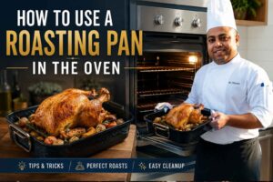 Professional chef standing beside an open oven holding a roasting pan filled with a golden roasted chicken and vegetables. Large headline text reads “How to Use a Roasting Pan in the Oven,” with additional callouts for tips and tricks, perfect roasts, and easy cleanup. A second roasting pan with roasted poultry sits on a wooden countertop in a modern kitchen setting.