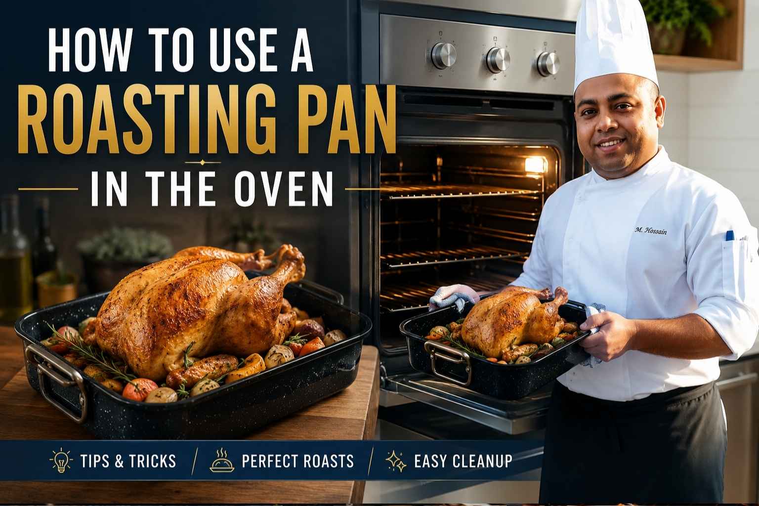 Professional chef standing beside an open oven holding a roasting pan filled with a golden roasted chicken and vegetables. Large headline text reads “How to Use a Roasting Pan in the Oven,” with additional callouts for tips and tricks, perfect roasts, and easy cleanup. A second roasting pan with roasted poultry sits on a wooden countertop in a modern kitchen setting.