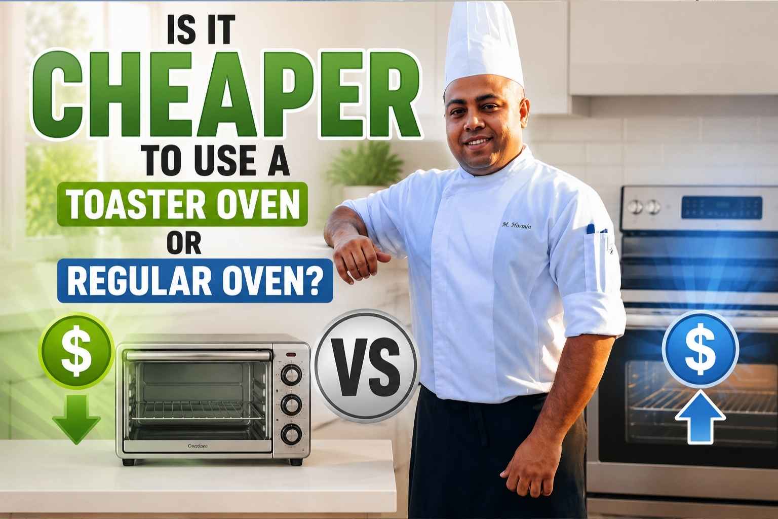 A chef in a white uniform and hat stands in a modern kitchen between a countertop toaster oven and a full-size oven. Large text reads, “Is It Cheaper to Use a Toaster Oven or Regular Oven?” A green dollar sign with a downward arrow appears next to the toaster oven, while a blue dollar sign with an upward arrow appears next to the regular oven, visually suggesting a cost comparison. A “VS” symbol is displayed between the two appliances. The design uses bold green and blue accents to emphasize energy and cost savings.