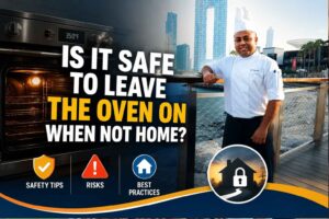 Feature image showing a chef in a white uniform standing on a waterfront boardwalk with a modern city skyline in the background. The image is split into two sections: on the left, an illuminated oven with large headline text reading, “Is It Safe to Leave the Oven On When Not Home?” Safety-themed icons labeled “Safety Tips,” “Risks,” and “Best Practices” appear along the bottom, alongside a house security symbol. The design uses dark blue, white, and yellow colors to emphasize home safety and oven-use precautions.