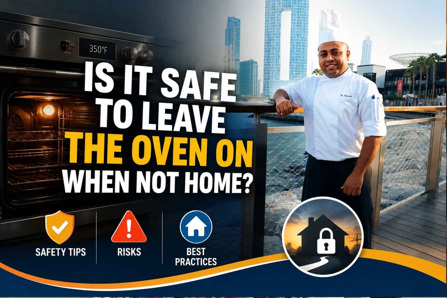 Feature image showing a chef in a white uniform standing on a waterfront boardwalk with a modern city skyline in the background. The image is split into two sections: on the left, an illuminated oven with large headline text reading, “Is It Safe to Leave the Oven On When Not Home?” Safety-themed icons labeled “Safety Tips,” “Risks,” and “Best Practices” appear along the bottom, alongside a house security symbol. The design uses dark blue, white, and yellow colors to emphasize home safety and oven-use precautions.