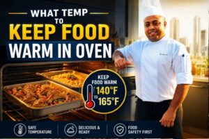 Professional chef in a white uniform standing beside a warm oven filled with roasted food trays, alongside bold text reading “What Temp to Keep Food Warm in Oven.” A temperature graphic highlights the recommended food-warming range of 140°F to 165°F, emphasizing safe food holding temperatures and food safety practices.