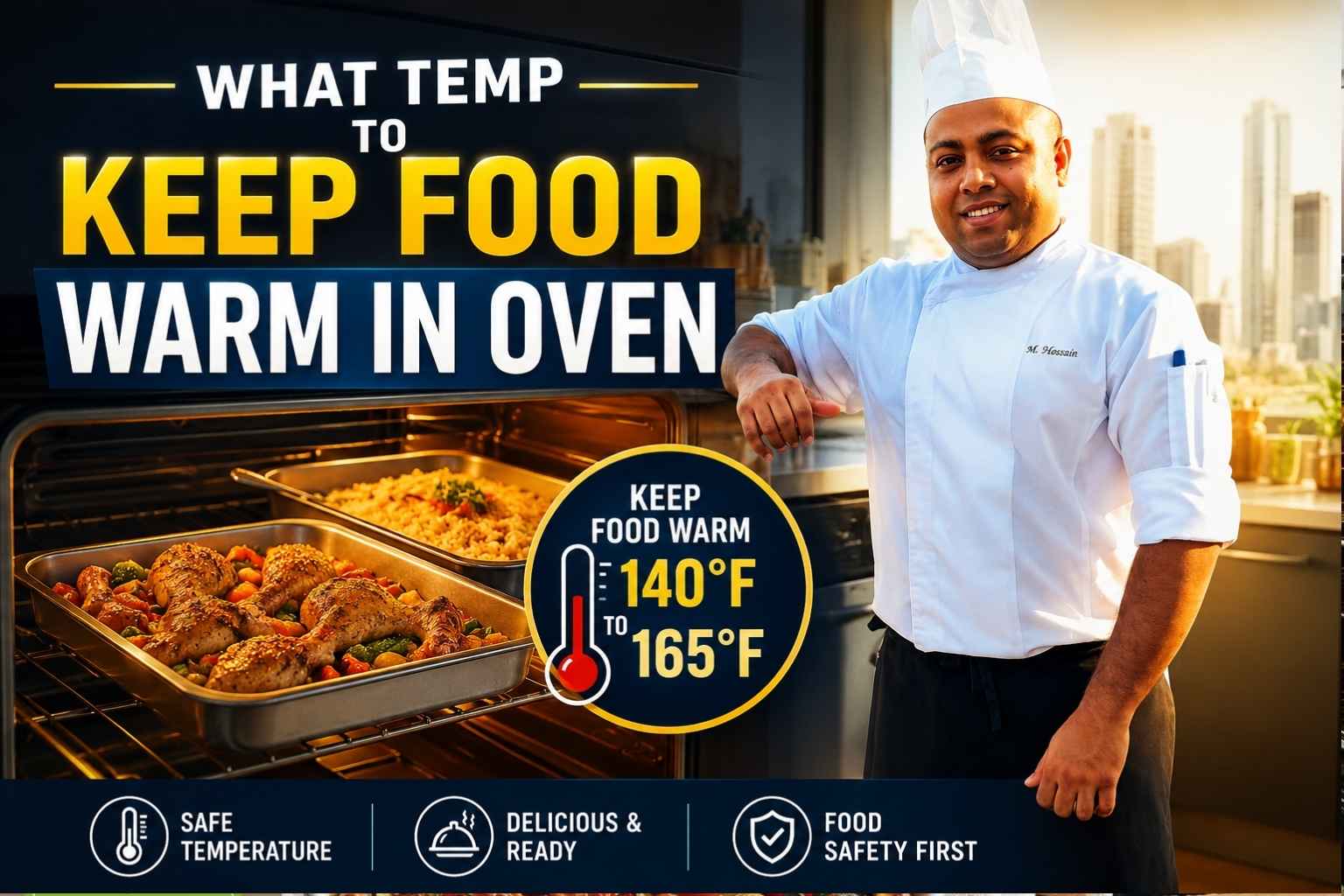 Professional chef in a white uniform standing beside a warm oven filled with roasted food trays, alongside bold text reading “What Temp to Keep Food Warm in Oven.” A temperature graphic highlights the recommended food-warming range of 140°F to 165°F, emphasizing safe food holding temperatures and food safety practices.