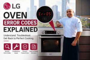 Feature image for “LG Oven Error Codes Explained.” A professional chef in a white uniform stands beside a modern LG built-in oven in a contemporary kitchen with a city skyline visible through large windows. The oven display shows an error code (“Err05”), highlighted by a magnified callout graphic. Large text reads “LG Oven Error Codes Explained,” with supporting text about understanding and troubleshooting oven issues. Along the bottom are icons representing error identification, troubleshooting, prevention, and step-by-step solutions.
