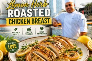 Feature image for Lemon Herb Roasted Chicken Breast showing a smiling chef in a white uniform standing by a waterfront promenade with a modern city skyline in the background. In the foreground, a platter of juicy sliced roasted chicken breast is garnished with fresh herbs and lemon slices, alongside bold text highlighting the dish's fresh, zesty, and tender qualities.
