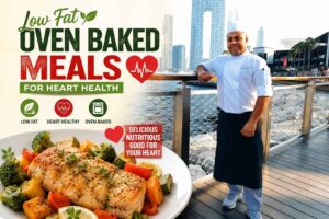 A professional chef in a white uniform stands on a waterfront boardwalk with a modern city skyline in the background. The feature image promotes "Low Fat Oven Baked Meals for Heart Health" with bold green and red typography, heart-health icons, and a large plate of oven-baked salmon served with colorful roasted vegetables. A callout highlights the meals as delicious, nutritious, and good for heart health, creating a healthy lifestyle and wellness-focused presentation.