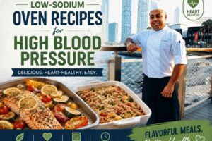 "Feature image for a heart-healthy cooking article titled 'Low-Sodium Oven Recipes for High Blood Pressure.' A chef in a white uniform stands smiling on a waterfront promenade with a modern city skyline in the background. In the foreground are two oven-baked dishes, including roasted salmon with lemon and vegetables and a baked grain-and-vegetable casserole. Green and blue design elements highlight themes of low sodium, heart health, oven baking, and easy, delicious meals."