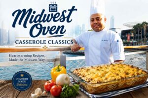 A professional chef in a white uniform and tall chef hat stands on a waterfront boardwalk with a modern city skyline in the background. The image is designed as a cookbook-style feature graphic titled “Midwest Oven Casserole Classics.” In the foreground, a large golden-brown baked casserole sits on a rustic wooden table surrounded by fresh ingredients, including tomatoes, onions, garlic, parsley, and a yellow bell pepper. The design includes the tagline “Heartwarming Recipes. Made the Midwest Way.” and a decorative badge that reads “Comfort Made Delicious.” The overall scene conveys homemade comfort food, classic Midwest cooking, and culinary expertise.