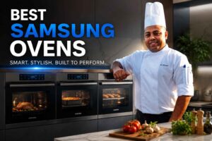 Professional chef in a white uniform and tall chef hat standing confidently beside a row of modern Samsung ovens in a luxury kitchen. Large headline text reads “Best Samsung Ovens” with the tagline “Smart. Stylish. Built to Perform.” Warm lighting highlights the sleek black stainless-steel appliances and food cooking inside the ovens, creating a premium home appliance advertisement.