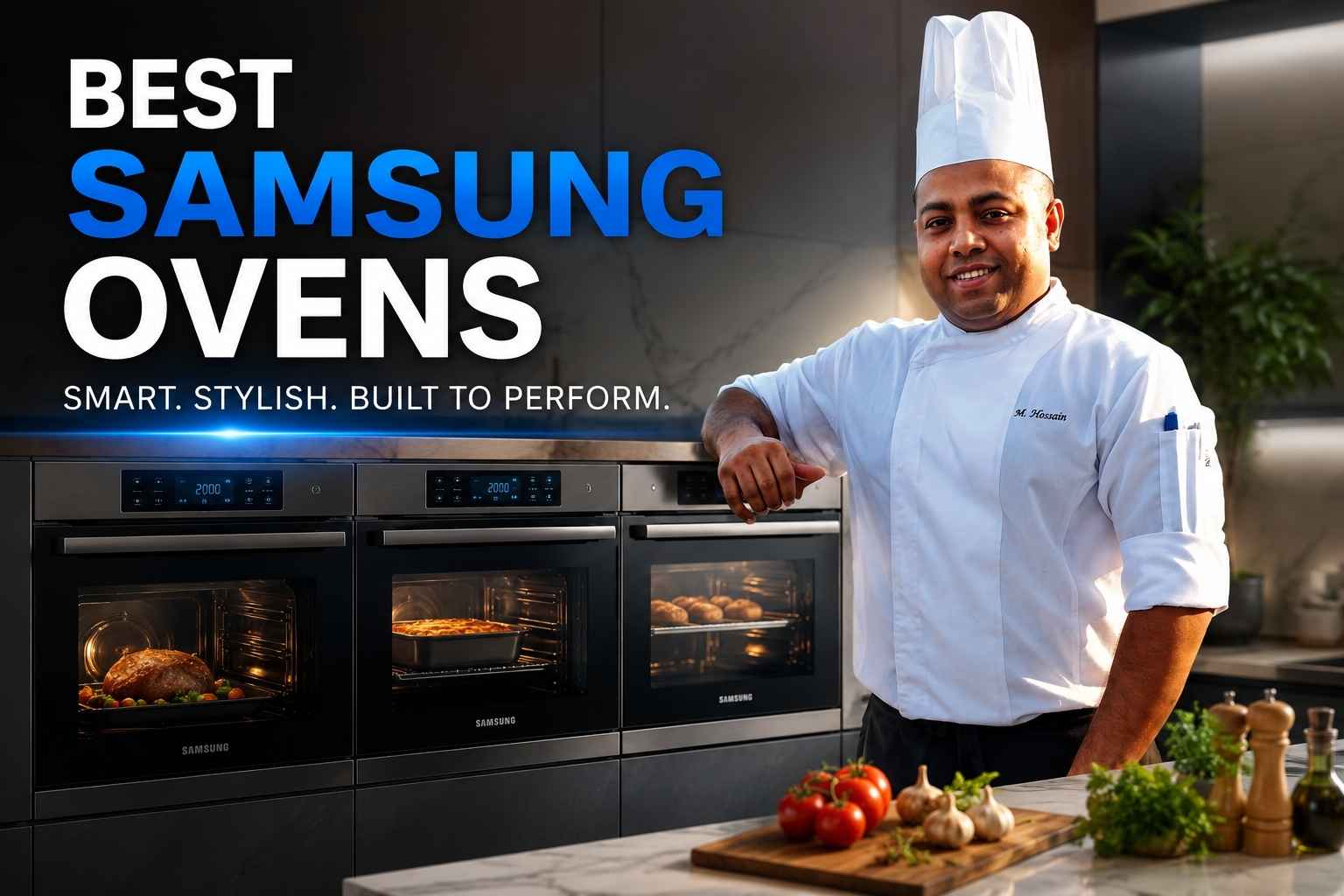 Professional chef in a white uniform and tall chef hat standing confidently beside a row of modern Samsung ovens in a luxury kitchen. Large headline text reads “Best Samsung Ovens” with the tagline “Smart. Stylish. Built to Perform.” Warm lighting highlights the sleek black stainless-steel appliances and food cooking inside the ovens, creating a premium home appliance advertisement.