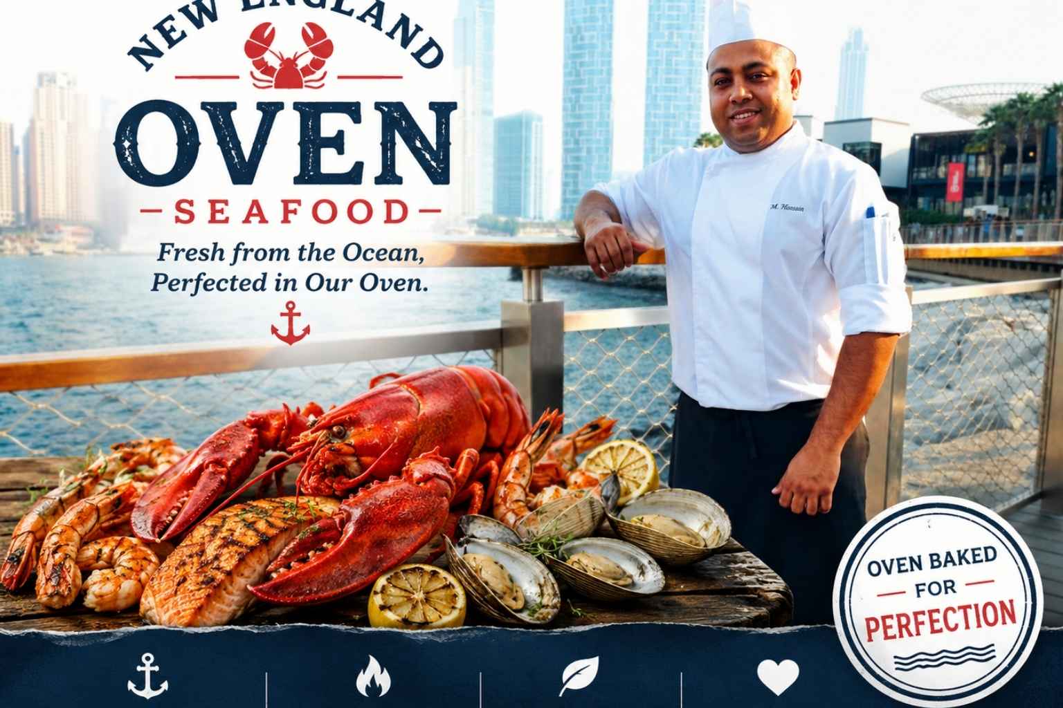 Promotional seafood restaurant feature image showing a chef in a white uniform standing by a waterfront with a city skyline in the background. The design features “New England Oven Seafood” branding, a fresh seafood platter with lobster, shrimp, salmon, clams, and lemon slices, plus text highlighting fresh ocean seafood, oven perfection, quality ingredients, and passion. A nautical-inspired restaurant advertisement with a premium coastal dining theme.