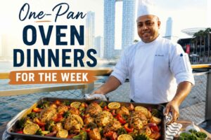 A smiling chef in a white uniform and tall chef’s hat stands on a waterfront promenade with a modern city skyline in the background. In front of him is a large sheet pan filled with roasted chicken, potatoes, broccoli, peppers, onions, and lemon slices. Bold text on the left reads, “One-Pan Oven Dinners for the Week,” creating an inviting feature image for a meal-planning article.