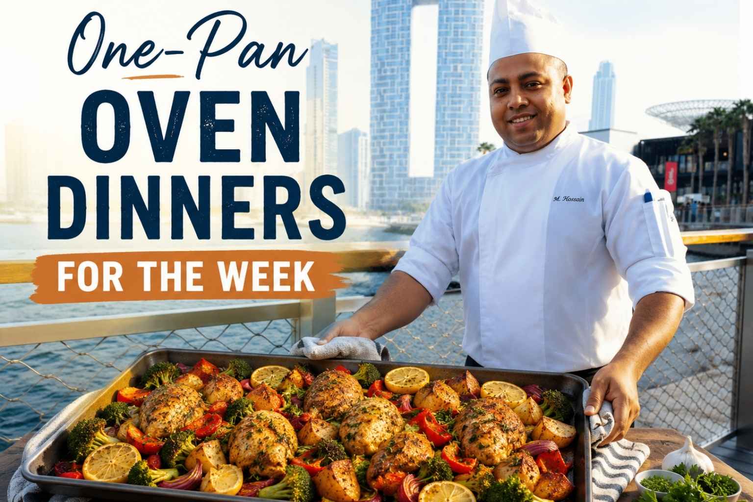 A smiling chef in a white uniform and tall chef’s hat stands on a waterfront promenade with a modern city skyline in the background. In front of him is a large sheet pan filled with roasted chicken, potatoes, broccoli, peppers, onions, and lemon slices. Bold text on the left reads, “One-Pan Oven Dinners for the Week,” creating an inviting feature image for a meal-planning article.