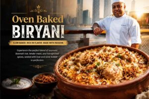 A professional chef in a white uniform stands confidently by a waterfront promenade with a modern city skyline in the background. In the foreground, a large clay pot filled with golden oven-baked chicken biryani is showcased, topped with crispy fried onions and fresh herbs. Warm, cinematic lighting highlights the rich textures of the rice and chicken. Promotional text reads “Oven Baked Biryani” with the tagline “Slow Baked. Rich in Flavor. Made with Passion,” creating an inviting restaurant-style food advertisement.