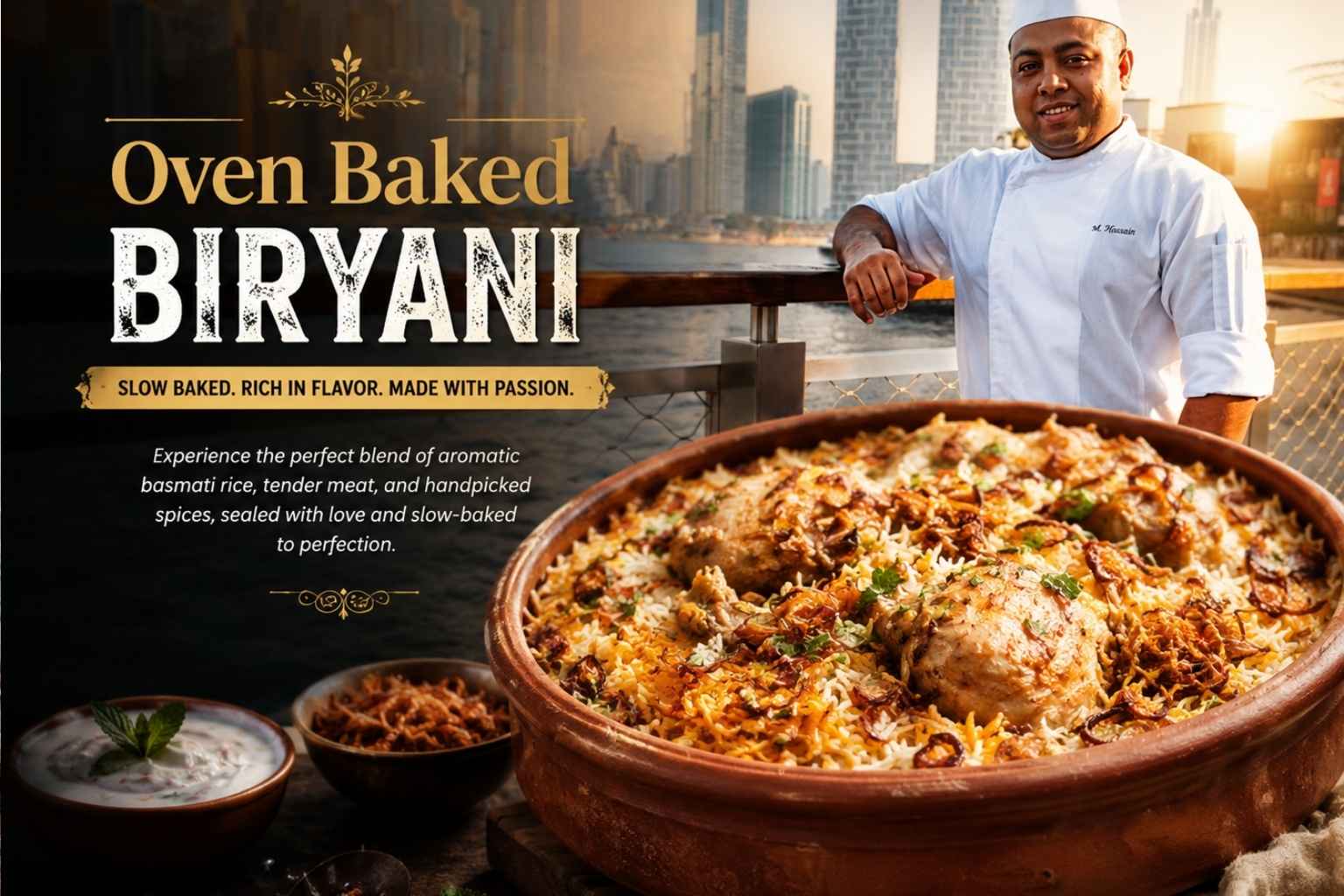 A professional chef in a white uniform stands confidently by a waterfront promenade with a modern city skyline in the background. In the foreground, a large clay pot filled with golden oven-baked chicken biryani is showcased, topped with crispy fried onions and fresh herbs. Warm, cinematic lighting highlights the rich textures of the rice and chicken. Promotional text reads “Oven Baked Biryani” with the tagline “Slow Baked. Rich in Flavor. Made with Passion,” creating an inviting restaurant-style food advertisement.