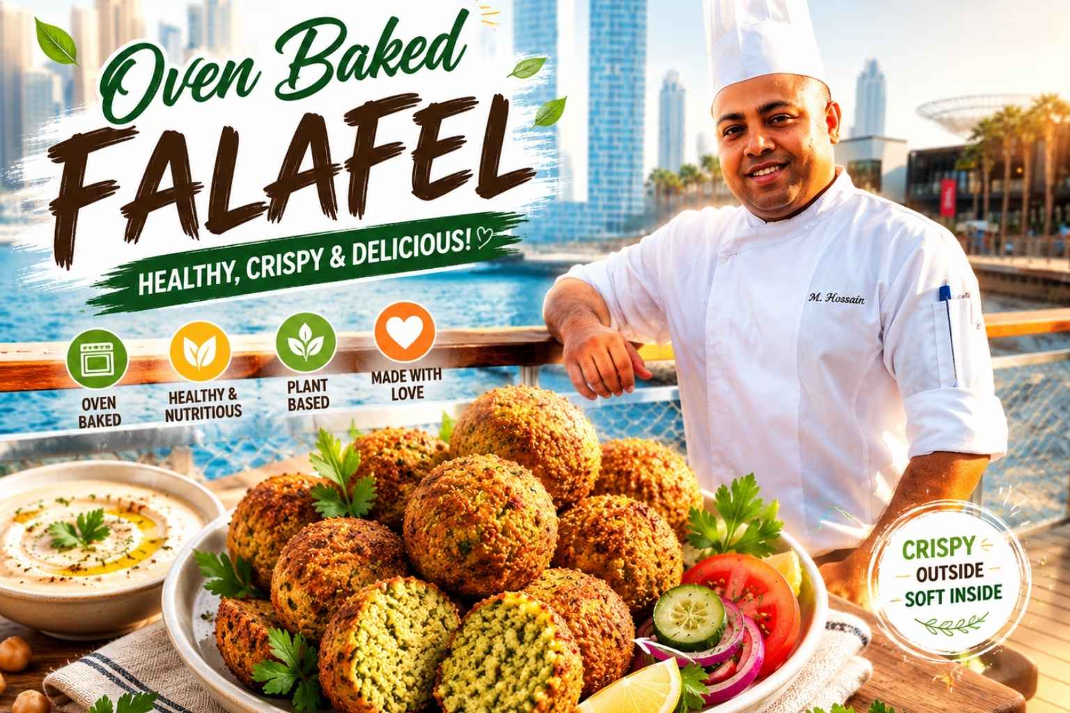 Professional chef standing by a waterfront promenade with a city skyline in the background, alongside a plate of crispy oven-baked falafel served with fresh vegetables and creamy dip, featured in a vibrant promotional banner highlighting healthy, plant-based falafel.