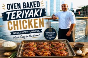 “Feature image for Oven Baked Teriyaki Chicken recipe featuring a smiling chef in a white uniform standing on a waterfront boardwalk with a modern city skyline in the background. In the foreground, a baking tray filled with glossy, oven-baked teriyaki chicken thighs is displayed alongside rice, green onions, garlic, ginger, and teriyaki sauce. Large bold text reads ‘Oven Baked Teriyaki Chicken’ with the tagline ‘Sweet. Savory. Flavorful. Made Easy in the Oven!’ creating a vibrant, professional food-blog cover image.”