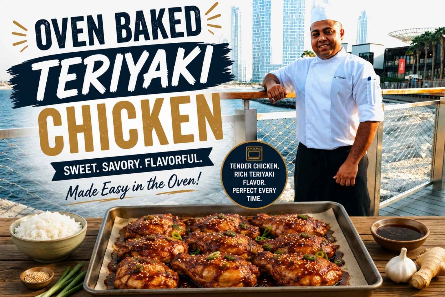 “Feature image for Oven Baked Teriyaki Chicken recipe featuring a smiling chef in a white uniform standing on a waterfront boardwalk with a modern city skyline in the background. In the foreground, a baking tray filled with glossy, oven-baked teriyaki chicken thighs is displayed alongside rice, green onions, garlic, ginger, and teriyaki sauce. Large bold text reads ‘Oven Baked Teriyaki Chicken’ with the tagline ‘Sweet. Savory. Flavorful. Made Easy in the Oven!’ creating a vibrant, professional food-blog cover image.”