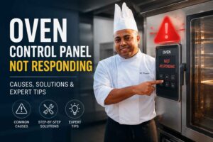 "Chef demonstrating an oven control panel not responding error on a commercial oven."