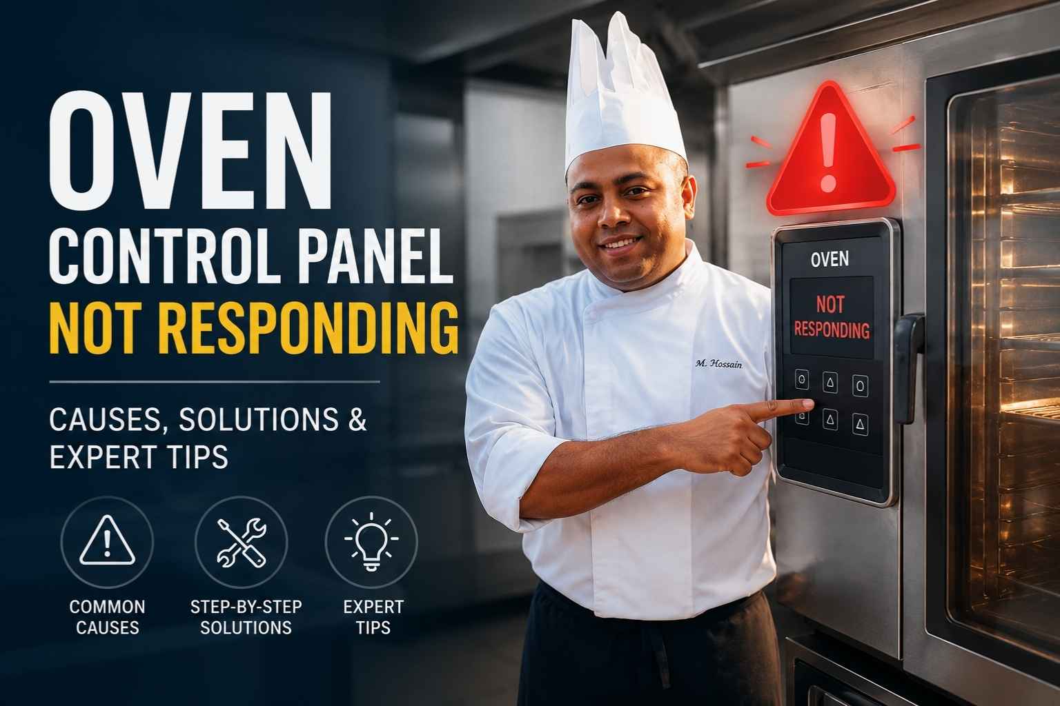 "Chef demonstrating an oven control panel not responding error on a commercial oven."