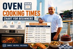 Feature image for “Oven Cooking Times Chart for Beginners.” A smiling chef in a white uniform stands beside a large cooking-times chart and an oven displaying a roasted chicken. The design includes bold blue and orange headline text, food illustrations, and cooking icons. In the foreground are baked potatoes, salmon, and a chocolate cake, while a waterfront city skyline forms the background. The image presents an easy-to-follow beginner’s guide to oven cooking temperatures and times.