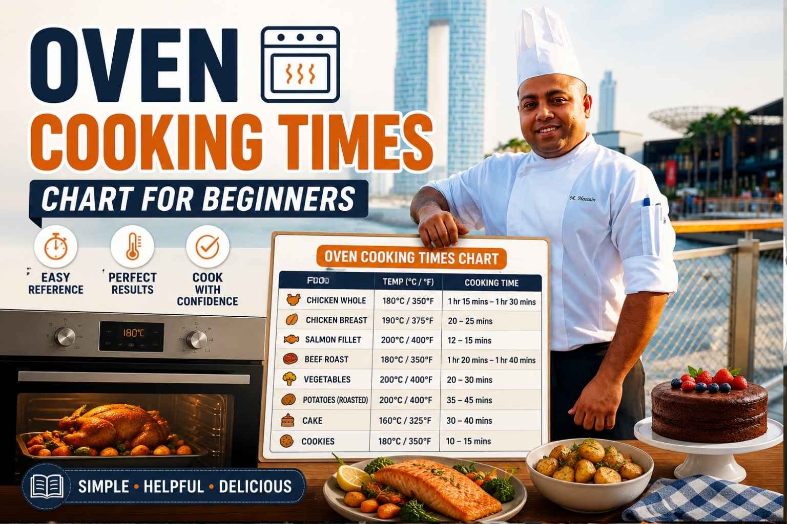 Feature image for “Oven Cooking Times Chart for Beginners.” A smiling chef in a white uniform stands beside a large cooking-times chart and an oven displaying a roasted chicken. The design includes bold blue and orange headline text, food illustrations, and cooking icons. In the foreground are baked potatoes, salmon, and a chocolate cake, while a waterfront city skyline forms the background. The image presents an easy-to-follow beginner’s guide to oven cooking temperatures and times.
