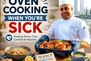 A chef in a white uniform and hat holds a tray of freshly roasted food in a warm kitchen setting. Large text reads “OVEN COOKING WHEN YOU’RE SICK” with a message about comforting, nourishing dishes. A bowl of soup, lemon, ginger, garlic, and a cup of tea appear nearby, creating a cozy healthy cooking theme.