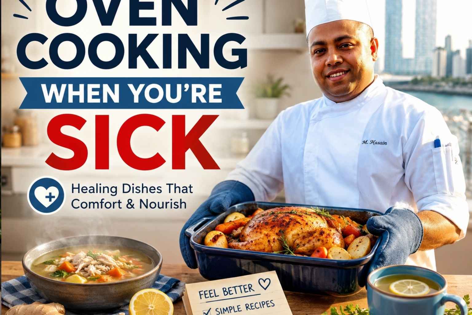A chef in a white uniform and hat holds a tray of freshly roasted food in a warm kitchen setting. Large text reads “OVEN COOKING WHEN YOU’RE SICK” with a message about comforting, nourishing dishes. A bowl of soup, lemon, ginger, garlic, and a cup of tea appear nearby, creating a cozy healthy cooking theme.
