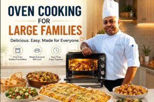 A professional chef in a white uniform and tall chef’s hat stands confidently beside a countertop oven in a modern kitchen. The oven contains a roasted chicken, while a variety of family-sized dishes, including baked lasagna, rice, salad, vegetables, bread, and roasted potatoes, are displayed on the counter. Large headline text reads “Oven Cooking for Large Families,” with the tagline “Delicious. Easy. Made for Everyone.” The image conveys convenient, hearty oven-cooked meals designed for feeding large households.