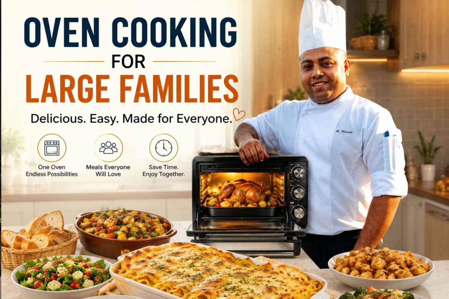 A professional chef in a white uniform and tall chef’s hat stands confidently beside a countertop oven in a modern kitchen. The oven contains a roasted chicken, while a variety of family-sized dishes, including baked lasagna, rice, salad, vegetables, bread, and roasted potatoes, are displayed on the counter. Large headline text reads “Oven Cooking for Large Families,” with the tagline “Delicious. Easy. Made for Everyone.” The image conveys convenient, hearty oven-cooked meals designed for feeding large households.