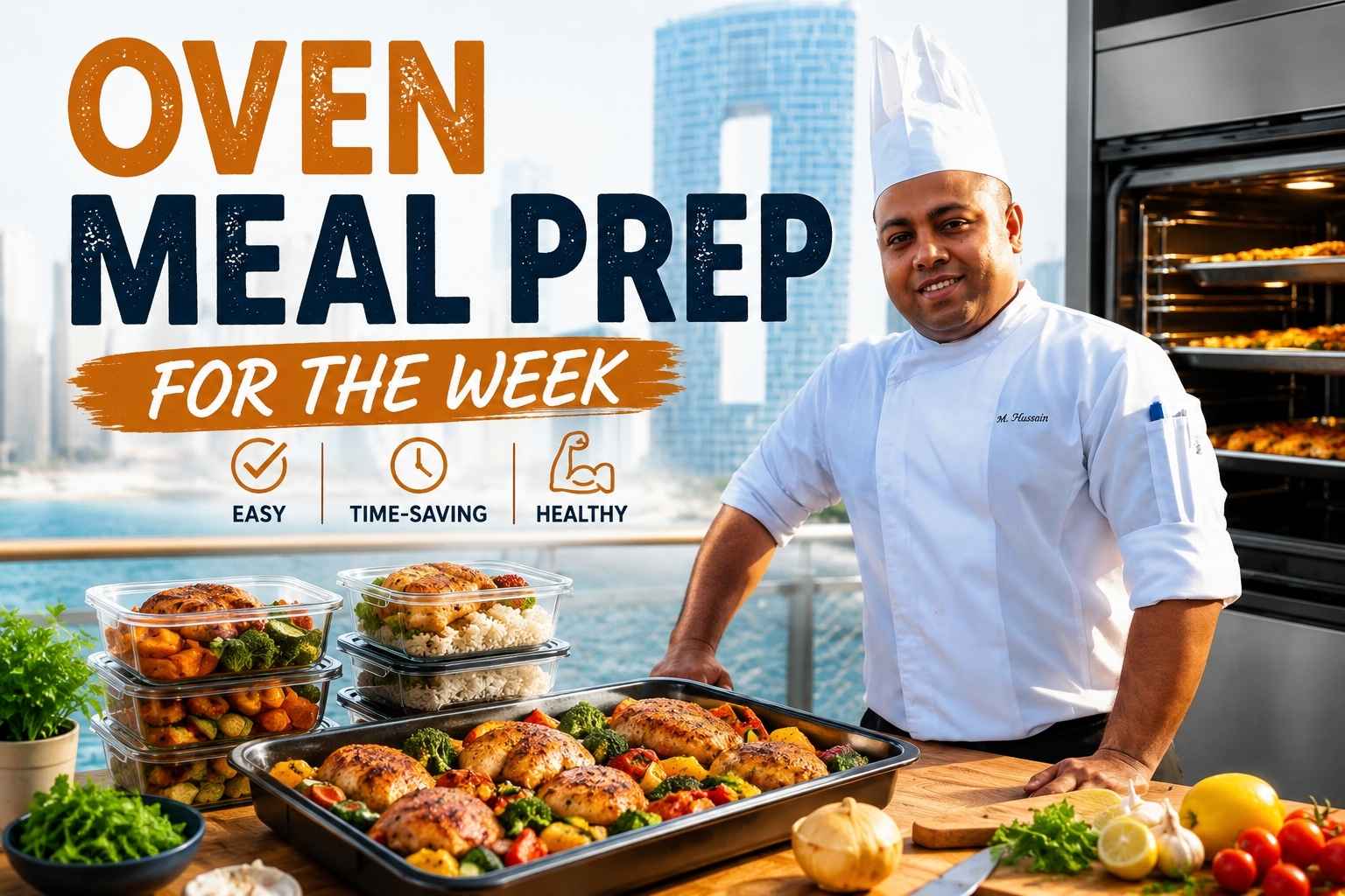 A professional chef wearing a white uniform and hat stands beside an oven and a table filled with healthy roasted meal prep containers, vegetables, and baked dishes. The image promotes “Oven Meal Prep for the Week” with bold text highlighting easy, time-saving, and healthy cooking, set against a modern waterfront city background.