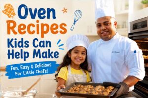 A smiling chef and a young girl stand together in a bright kitchen, proudly holding a tray of freshly baked chocolate chip cookies. Colorful baking tools, cookie cutters, and ingredients are displayed on the counter, while an oven glows in the background. Large, playful text reads “Oven Recipes Kids Can Help Make,” highlighting fun, easy, and delicious baking activities for children and families.