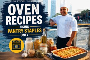 Feature image showing a chef in a white uniform standing by a waterfront city skyline, alongside pantry staples like rice, pasta, olive oil, beans, and spices, with a baked pasta dish in the foreground. Large bold text reads “Oven Recipes Using Pantry Staples Only,” designed as a professional cooking blog or recipe thumbnail.