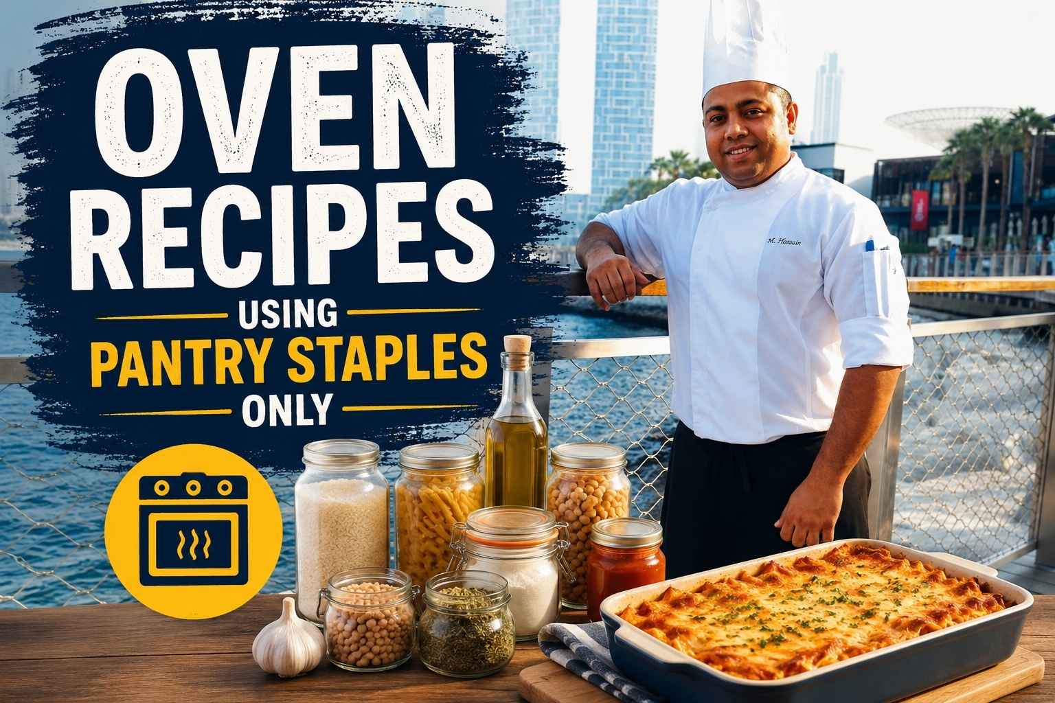 Feature image showing a chef in a white uniform standing by a waterfront city skyline, alongside pantry staples like rice, pasta, olive oil, beans, and spices, with a baked pasta dish in the foreground. Large bold text reads “Oven Recipes Using Pantry Staples Only,” designed as a professional cooking blog or recipe thumbnail.