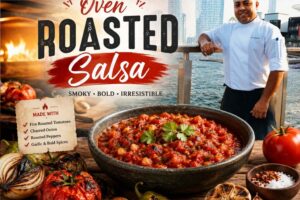 A professional chef in a white uniform stands beside a waterfront promenade with a modern city skyline in the background. The image is transformed into a promotional feature graphic for Oven Roasted Salsa, featuring a large bowl of chunky roasted salsa surrounded by charred tomatoes, onions, peppers, garlic, and roasted citrus on a rustic wooden table. Bold typography reads “Oven Roasted Salsa” with the tagline “Smoky • Bold • Irresistible.” A recipe-style ingredient list highlights fire-roasted tomatoes, charred onion, roasted peppers, and garlic with bold spices, creating a warm, flavorful food advertisement.