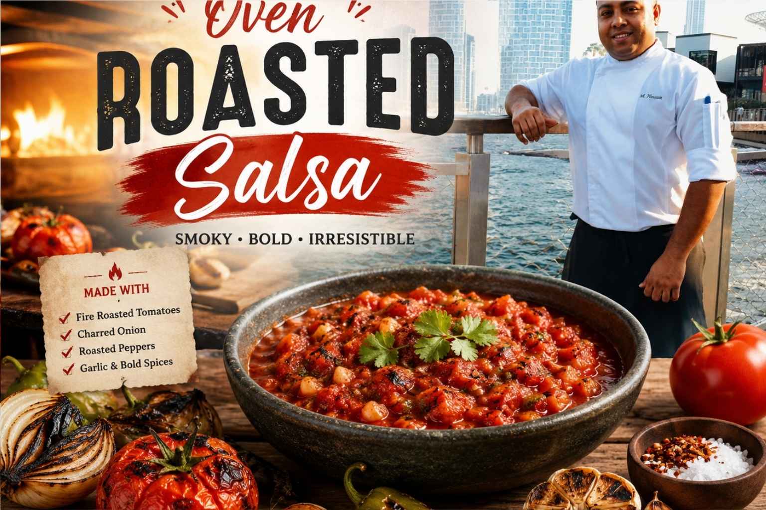 A professional chef in a white uniform stands beside a waterfront promenade with a modern city skyline in the background. The image is transformed into a promotional feature graphic for Oven Roasted Salsa, featuring a large bowl of chunky roasted salsa surrounded by charred tomatoes, onions, peppers, garlic, and roasted citrus on a rustic wooden table. Bold typography reads “Oven Roasted Salsa” with the tagline “Smoky • Bold • Irresistible.” A recipe-style ingredient list highlights fire-roasted tomatoes, charred onion, roasted peppers, and garlic with bold spices, creating a warm, flavorful food advertisement.