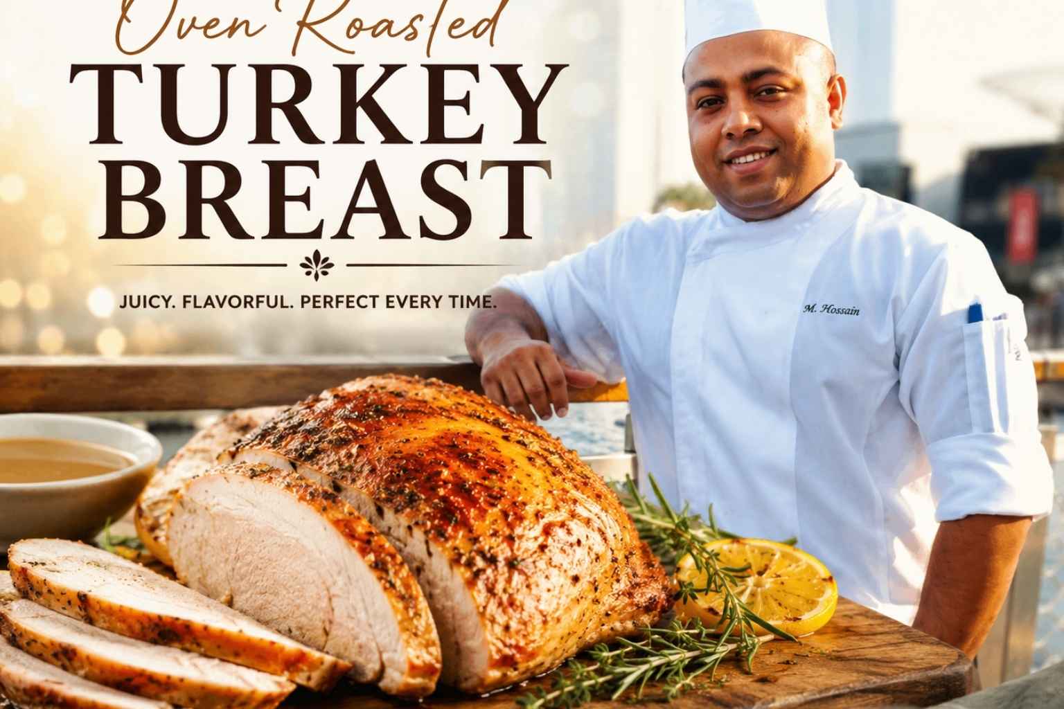 Feature image showing a smiling chef in a white uniform standing by a waterfront promenade beside a beautifully sliced oven roasted turkey breast on a wooden board, garnished with herbs and lemon, with the title "Oven Roasted Turkey Breast" displayed prominently.