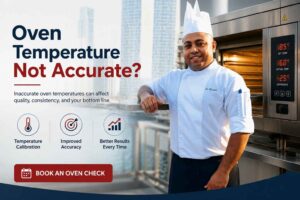 "Professional chef standing beside a commercial oven with text highlighting 'Oven Temperature Not Accurate?' and emphasizing oven calibration, improved accuracy, and consistent baking results."