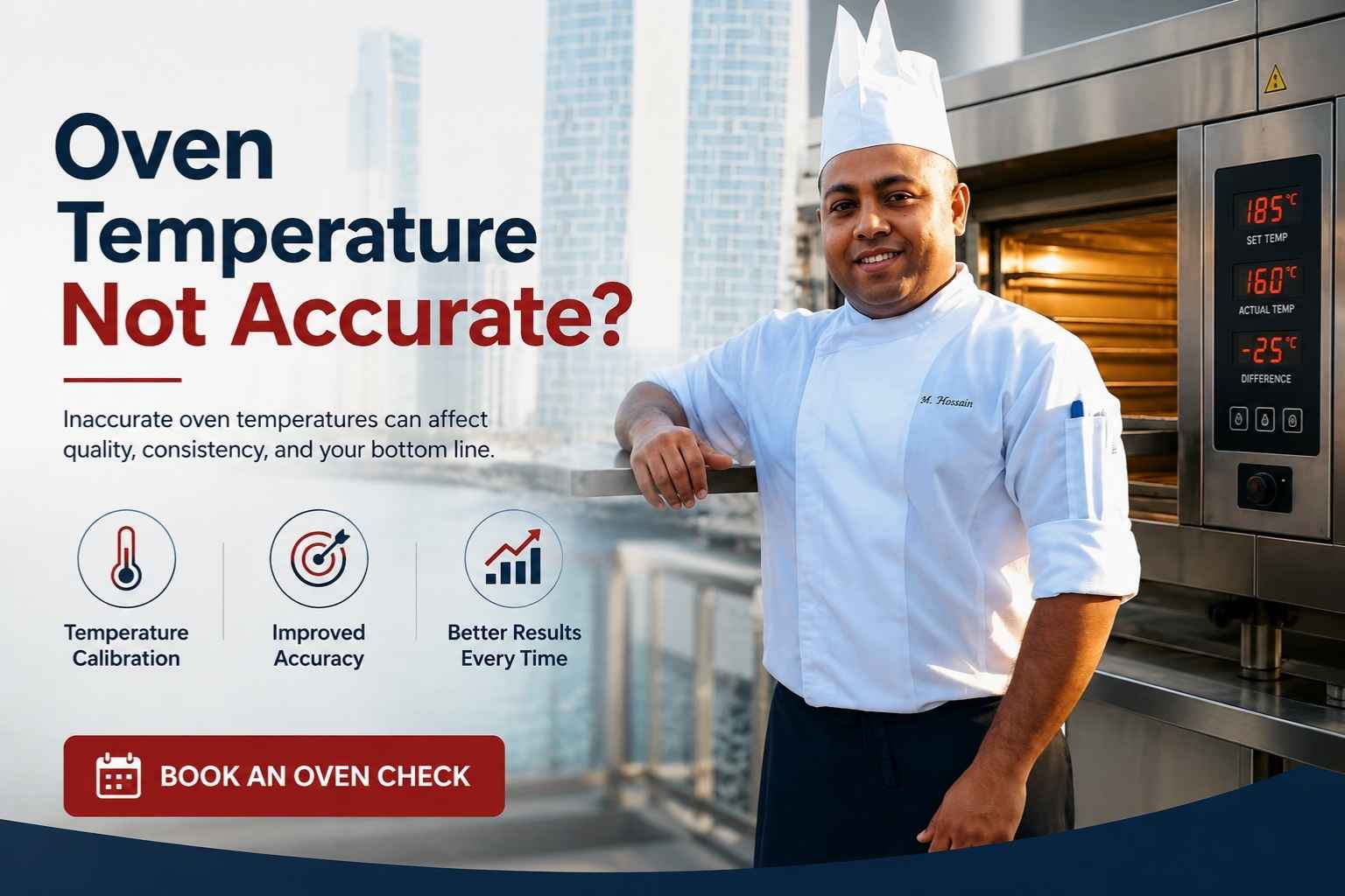 "Professional chef standing beside a commercial oven with text highlighting 'Oven Temperature Not Accurate?' and emphasizing oven calibration, improved accuracy, and consistent baking results."