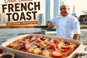 Chef Mossaraof standing beside a waterfront with a large dish of golden oven baked French toast topped with fresh strawberries, blueberries, and powdered sugar, alongside the title "Oven Baked French Toast."