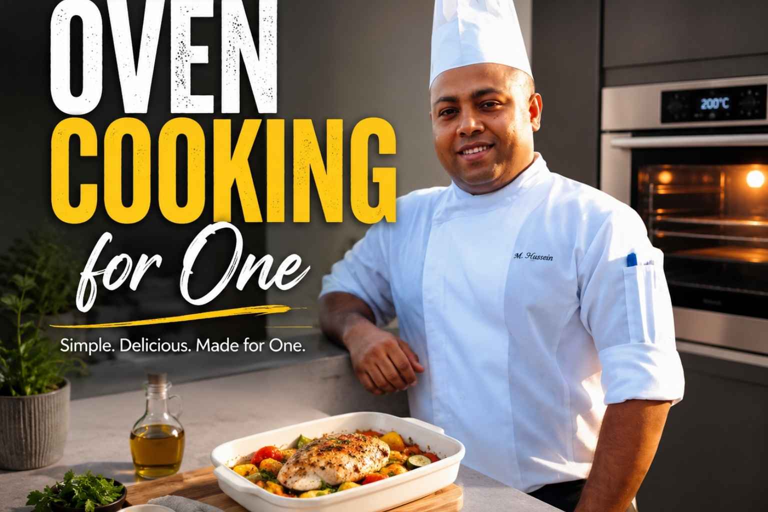 Professional chef in a modern kitchen standing beside a single-serving baked meal, promoting oven cooking for one with a warm, inviting atmosphere and text reading "Oven Cooking for One – Simple. Delicious. Made for One."